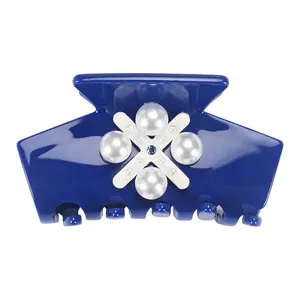 Pince à Cheveux Élégante en Acétate Bleu Avec Fausse Künstliche Perle et Strass pour Femme Pince Requin Moderne Accessoire de Mariage