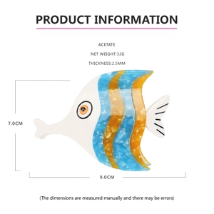 Détails de la pince à cheveux poisson en acétate avec dimensions 9,0x7,0cm et poids 32g