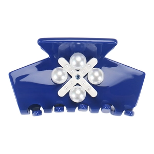 Pince à cheveux bleue en acétate avec perles élégantes et décor de cristal central