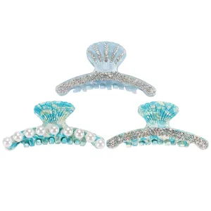 Acetate Shell Hair Claw Clip With Rhinestones Artificial Pearls Blue Marble Pattern Fashion Shark Clip For Women Hair Styling Jewelry
