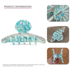 Elegant blue marble acetate shell hair claw clip with rhinestones and metal spring