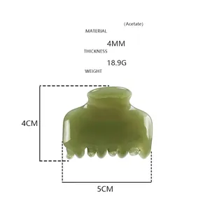 Especificaciones de la pinza de acetato verde con dimensiones y detalles del material