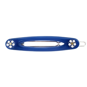 Pince à cheveux ovale bleu Klein avec fleurs en opale et strass scintillants