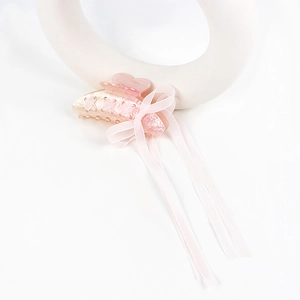 Pink ribbon bow hair claw clip with glitter acrylic shark clip for a sweet ballet aesthetic