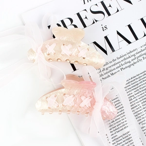 Pink ribbon bow hair claw clip set with glitter acrylic shark clips for women
