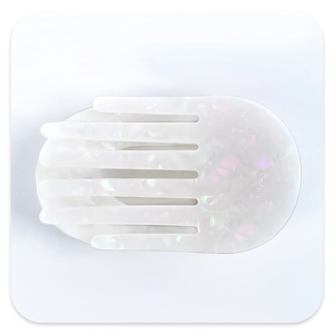Macro shot of curved acetate hair claw clip with white marble texture and comb teeth