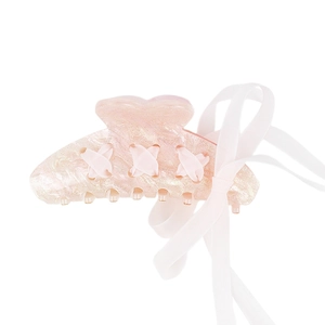 Elegant pink glitter acrylic hair claw clip with silk ribbon bow in Balletcore style