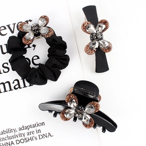 Coffret d'accessoires cheveux vintage en acétate noir avec papillons en cristal