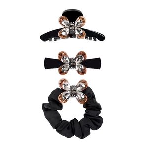 Set de barrettes en acétate noir vintage avec nœuds papillons en cristal et chouchou strass