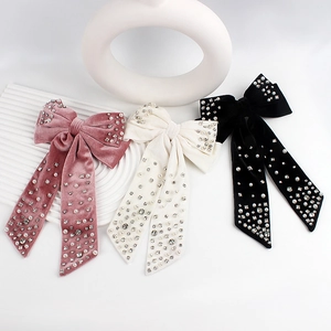 Large Velvet Bow Hair Clip With Rhinestones Artificial Pearls Long Ribbon Spring Clip Vintage Elegant Hair Accessories For Women
