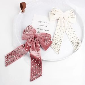Velvet bow hair clips with pearls and rhinestones in pink and cream set
