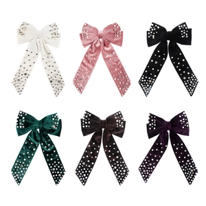 Elegant velvet bow hair clips with pearls and rhinestones in six vintage assorted colors