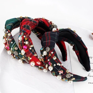 Vintage Plaid Knotted Headband With Faux Artificial Pearls And Rhinestones Christmas Tartan Fabric Wide Hairband For Women Festive Accessories