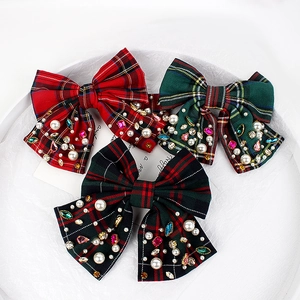 Preppy Stil Kariert Schleife Haarklammer Vintage Stoff Kunstperle Strass Federclip Elegant Winter Kopfschmuck Damen Schmuck
