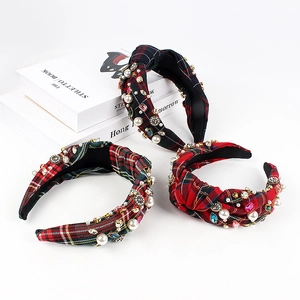 Three-piece set of plaid knotted headbands with rhinestones and faux pearls