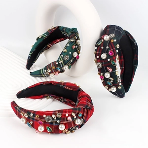 Three-piece set of plaid headbands with pearls and colorful rhinestones for women