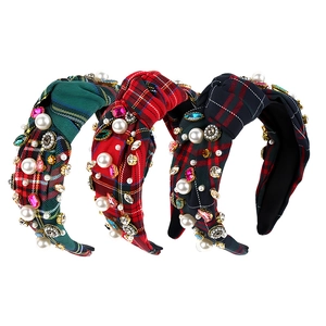 Three plaid knotted headbands with pearls and colorful rhinestones in red, green and blue