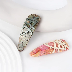 Creative branch-shaped hair clip with acetate mosaic patterns, rhinestones, and pearls