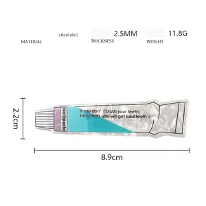 Detailed specs of acetate toothpaste-shaped hair clip showing 2.5mm thickness and 11.8g weight