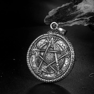 Vintage stainless steel Viking Tree of Life pentagram pendant with Celtic knot patterns