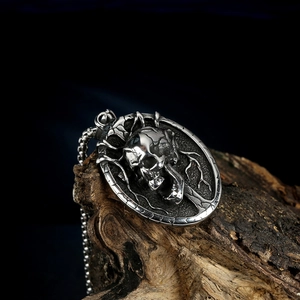 Gothic skull pendant necklace for men in vintage dark silver stainless steel finish