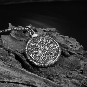 Vintage stainless steel Tree of Life pendant necklace with Ouroboros and Runes design