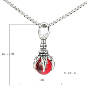Retro punk dragon claw pendant with red gemstone and stainless steel box chain