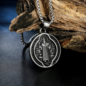 Stainless Steel St Benedict Medal Pendant Necklace Vintage Religious Jewelry Retro Distressed Coin Pendant For Men Women Hip Hop Accessory