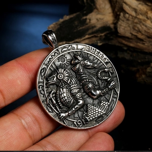 Vintage Anubis and Horus relief coin pendant necklace in titanium steel finish