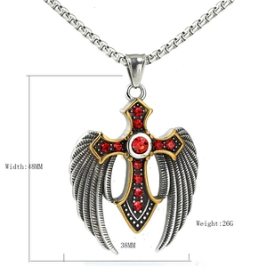 Titanium steel cross pendant with angel wings and red zircon stones on a square chain