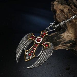 Gothic titanium steel cross pendant necklace with angel wings and red gemstones