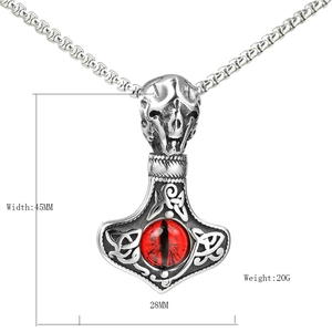 Colgante Mjolnir vikingo de acero con gema roja y calavera, tamaño de 45x28mm