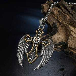 Gothic titanium steel cross pendant necklace with angel wings and black zircons