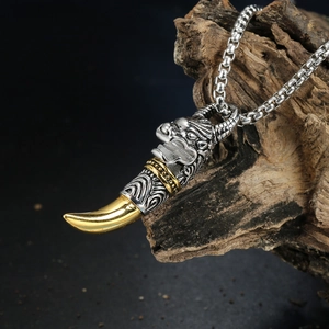 Vintage Edelstahl Drachen Wolfskopf Stoßzahn Anhänger Zweifarbig Gold Silber Herren Punk Gothic Schmuck Nur Anhänger Ohne Kette