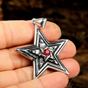 Hollow pentagram metal star pendant with red gemstone for Christmas tree decor