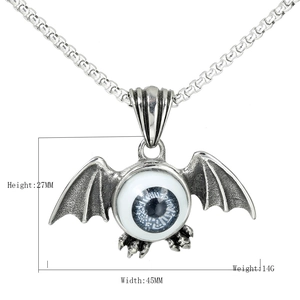 Gothic bat wing necklace with detailed eye pendant in vintage silver finish for couples