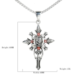 Gothic skull cross pendant with red rubies on square pearl chain necklace, 60x40mm