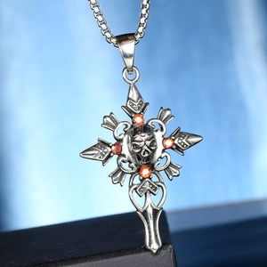 Gothic retro skull cross necklace with four orange gemstones on a steel box chain