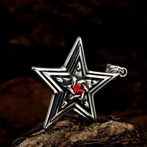 Vintage pentagram star necklace pendant for men featuring a central round red gemstone