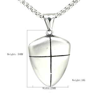 Silver punk cross shield pendant necklace in titanium steel with product dimensions