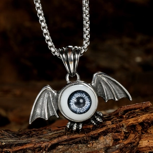 Gothic Stainless Steel Evil Eye Bat Wings Pendant Necklace Vintage Silver Color Punk Jewelry For Men Women Halloween Gift