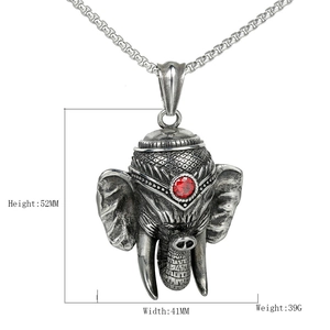 Vintage Ganesha Elefanten Anhänger Halskette mit rotem Edelstein und Stahlkette