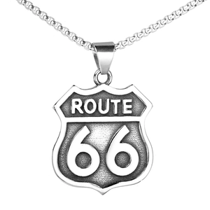 Pendentif vintage Route 66 en acier inoxydable argenté avec chaîne box pour homme, style rétro