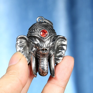Vintage Edelstahl Ganesha Elefantenkopf Anhänger Halskette Mit Rotem Strass Indischer Religiöser Schmuck Herren Damen
