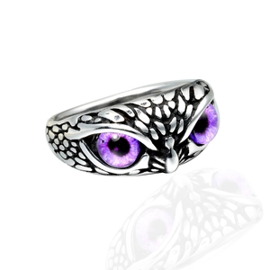 Anello gufo retrò in acciaio inossidabile con occhi in gemma viola e trama argentata