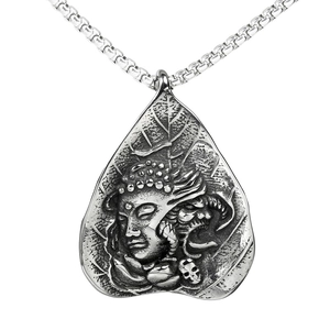 Retro Stainless Steel Buddha Head Skull Leaf Pendant Necklace Religious Jewelry For Men Steel Color Fashion Accessory