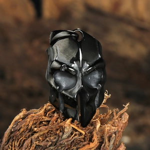 Polished obsidian Spartan skull mask pendant necklace for men and women on wooden base