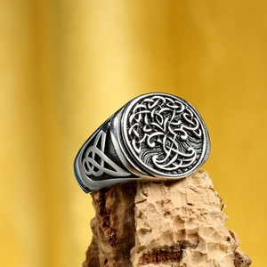 Nordic Tree of Life titanium steel ring for men with vintage Celtic knot side details