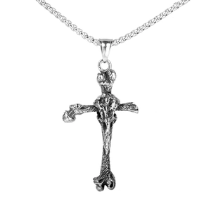Collier Pendentif Croix Crâne en Acier Inoxydable Gothique Punk Heavy Metal Texture Osseuse Vintage Bijoux pour Hommes