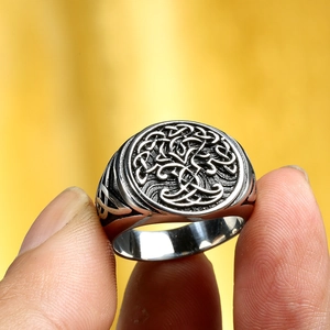 Vintage Tree of Life Viking ring in Celtic knot style made of oxidized stainless steel